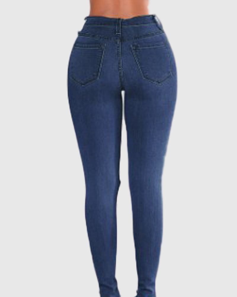 High-waisted Hip-lifting Stretch-leg Ripped Jeans