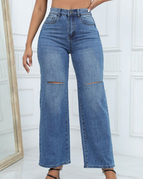 Versatile High Waist Ripped Wide Leg Jeans