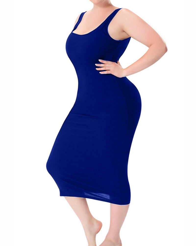 Women's Sleeveless Tank Midi Shapewear Dress Double Layer Tummy Control Bodysuit Dress