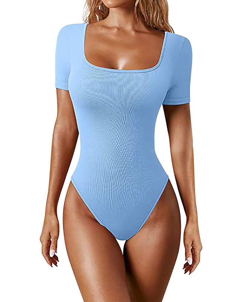 Body sexy con control de barriga y tanga de manga corta acanalada con cuello cuadrado para mujer