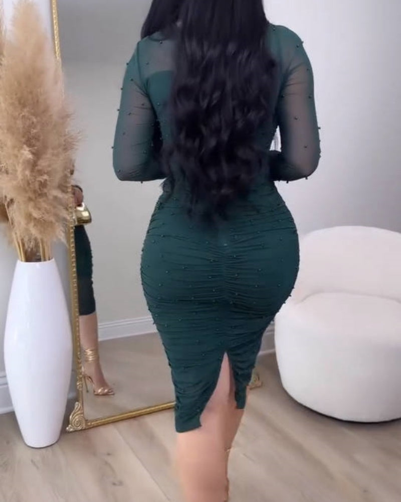 Elegant Slant Collar Beaded Ruched Bodycon Midi Dress (Pre-Sale)