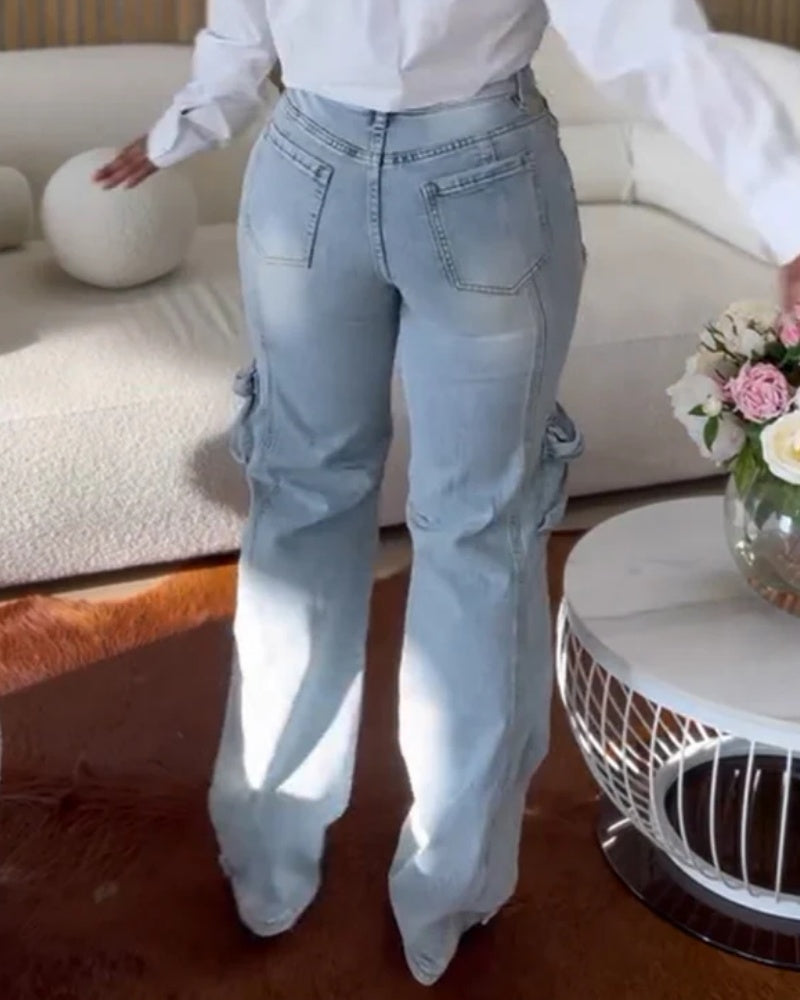 Stylish Wash Trimmed Cutouts Denim Cargo Jeans with Rhinestone
