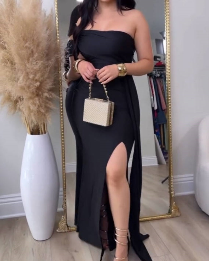Chic Asymmetrical shoulder Ruched Maxi Dress with Side Slit