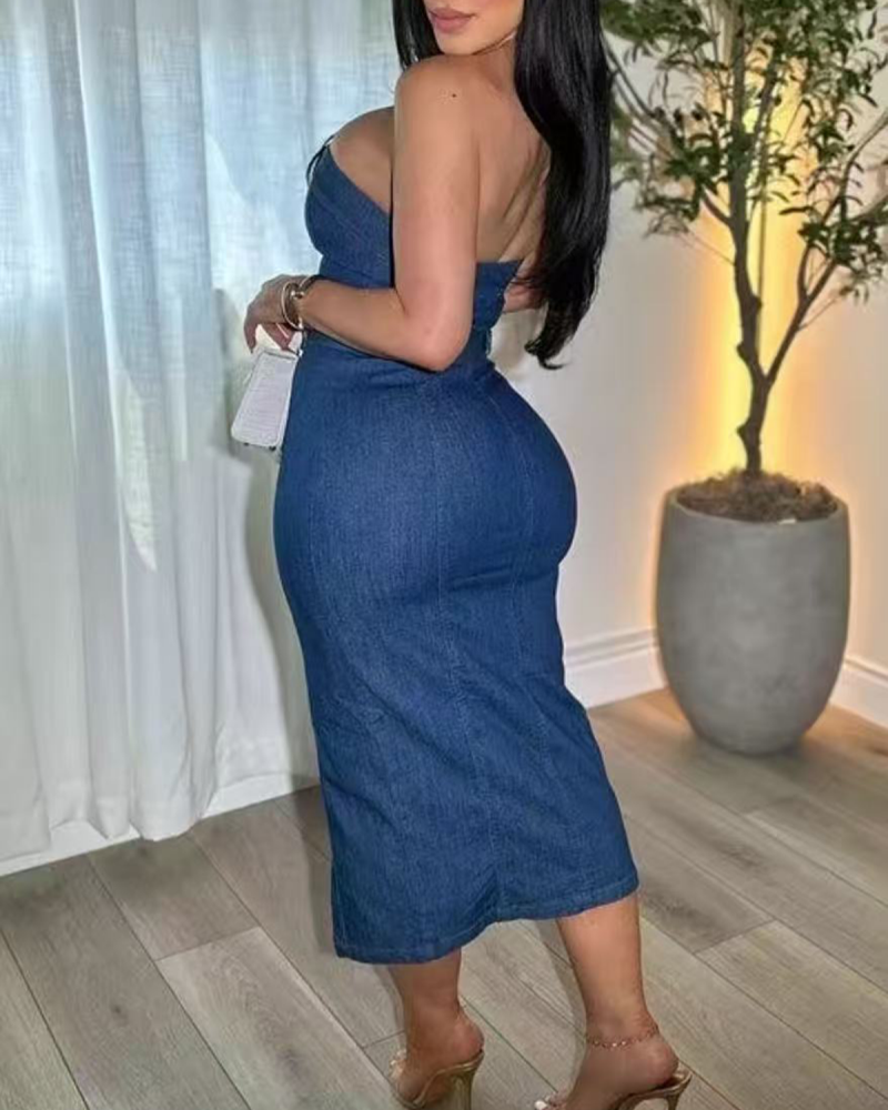 Curvy Slim Fit Tube Top Denim Slit Bodycon Dress with Front Zipper (Pre-Sale)