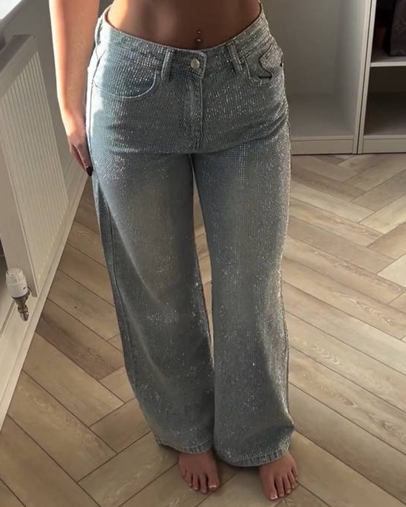Rhinestone Embellished Washed Mid Waist Wide Leg Denim Jeans