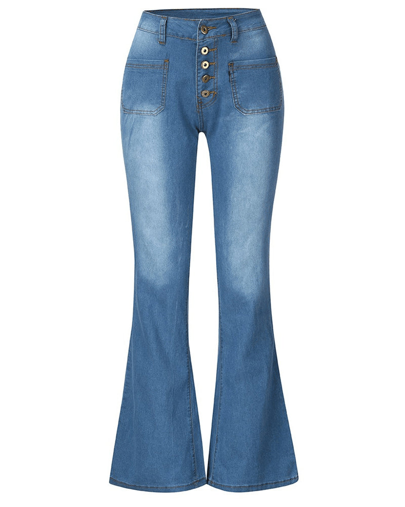 High Waist Washed Stretch Single Breasted Multi Button Straight Leg Jeans