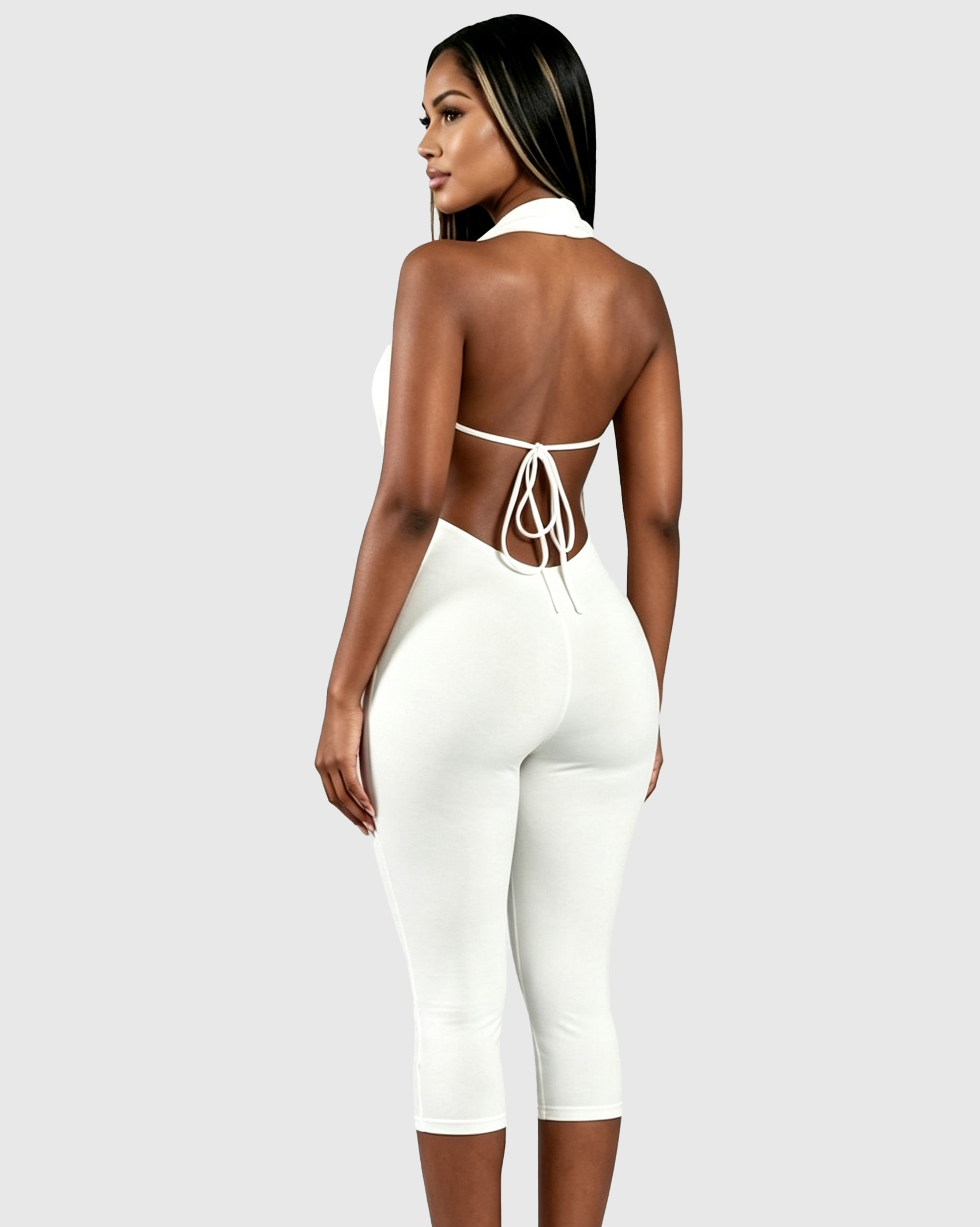 V Neck Halter Open Back Tie Capri Jumpsuit