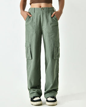 Women's Mid Rise Flap Pockets Straight Leg Casual Cargo Pants