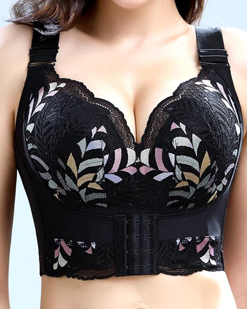 Women Side Support Longline Corset Wire-free Push Up Bra Adjustable Wide Straps