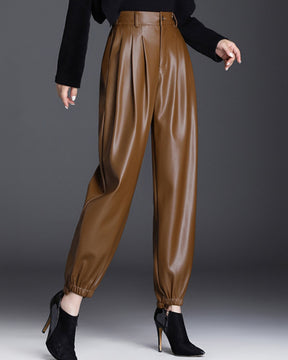 Elastic Waist New Casual Pants Thin Velvet High Waist Slim Carrot Leather Pants