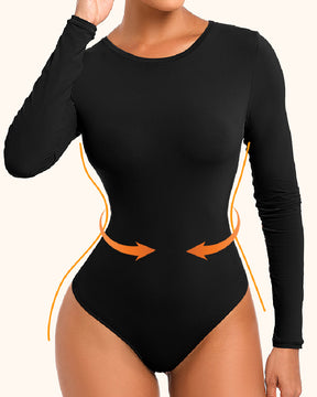 Women's Crew Neck Double Lined Long Sleeve Basic Stretchy Thong Bodysuit