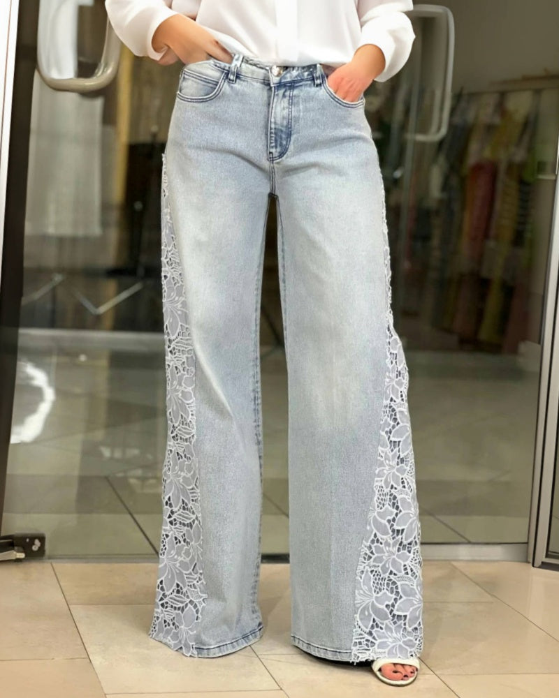 Chic Wash High Waisted Flared Jeans with Side Lace Panel (Pre-Sale)