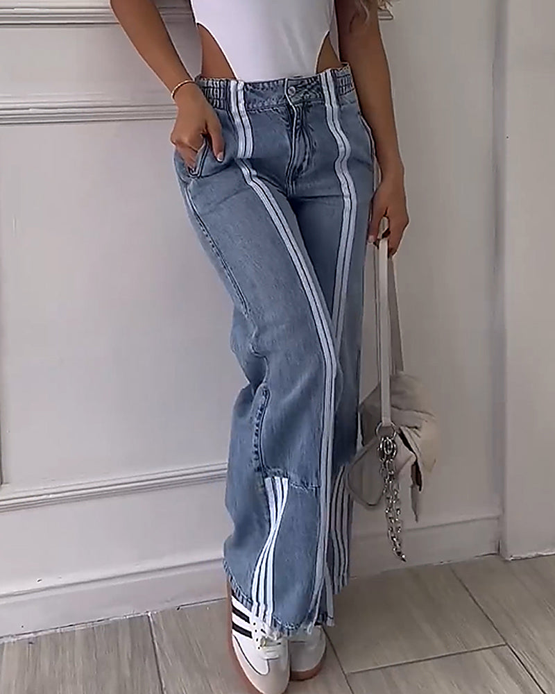 High-waisted White Striped Patchwork Wide-leg Slit Jeans