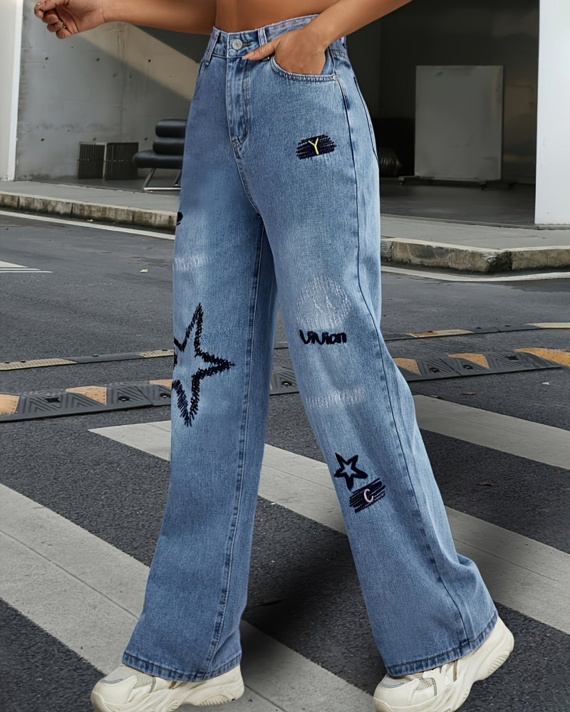 Embroidered High-wasit Straight-leg Wide-leg Jeans