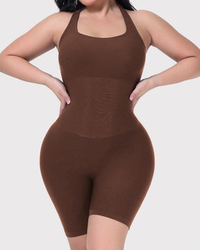 Ribbed Halter Racerback Shapewear Tummy Control Butt Lifting Mid Thigh Bodysuit