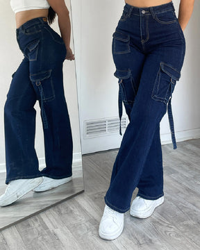 Women’s Cargo Jeans High Waisted Wide Leg Casual Flap Pockets Pants