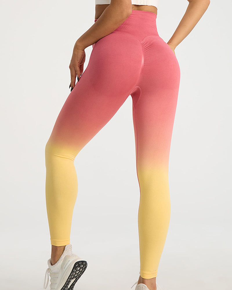 Pantalones de yoga de secado rápido con trasero color melocotón degradado y levantamiento de cadera de talle alto