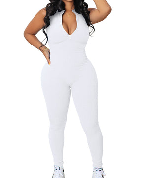 Ribbed Sleeveless High Stretch Bodycon One Piece Zipper Front Workout Jumpsuit