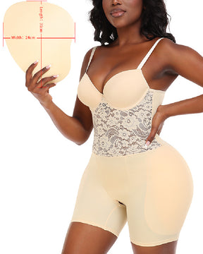 Backless Underwire Cup Lace Tummy Open Crotch Shapewear With Detachable Butt Pads