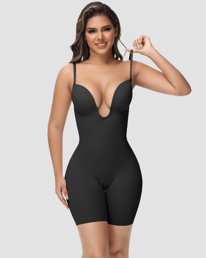 Women's U Plunge Strapless Tummy Control Bodysuit Low Back Built In Bra Shapewear