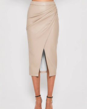 PU Slit Skirt High Waist Zipper Pleated Leather Skirt