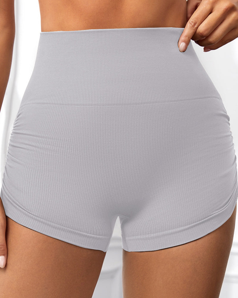 Side Drawstring High Waist Threaded Solid Color Yoga Shorts