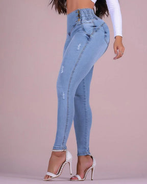 High Waist Double Buttons Tummy Control Stretchy Jeans