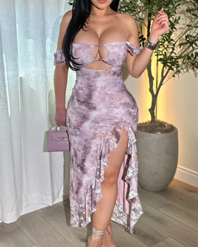 Women's Sexy Slim Fit Tie Dye Bevel Long Dress with Ruffles (Pre-Sale)