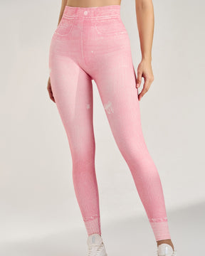 Peach Hip Denim Print Seamless Leggings for Women