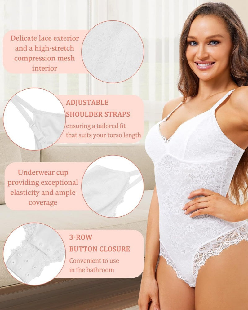 Lace V Neck Tummy Control Shapewear Bodysuit with Adjustable Strap