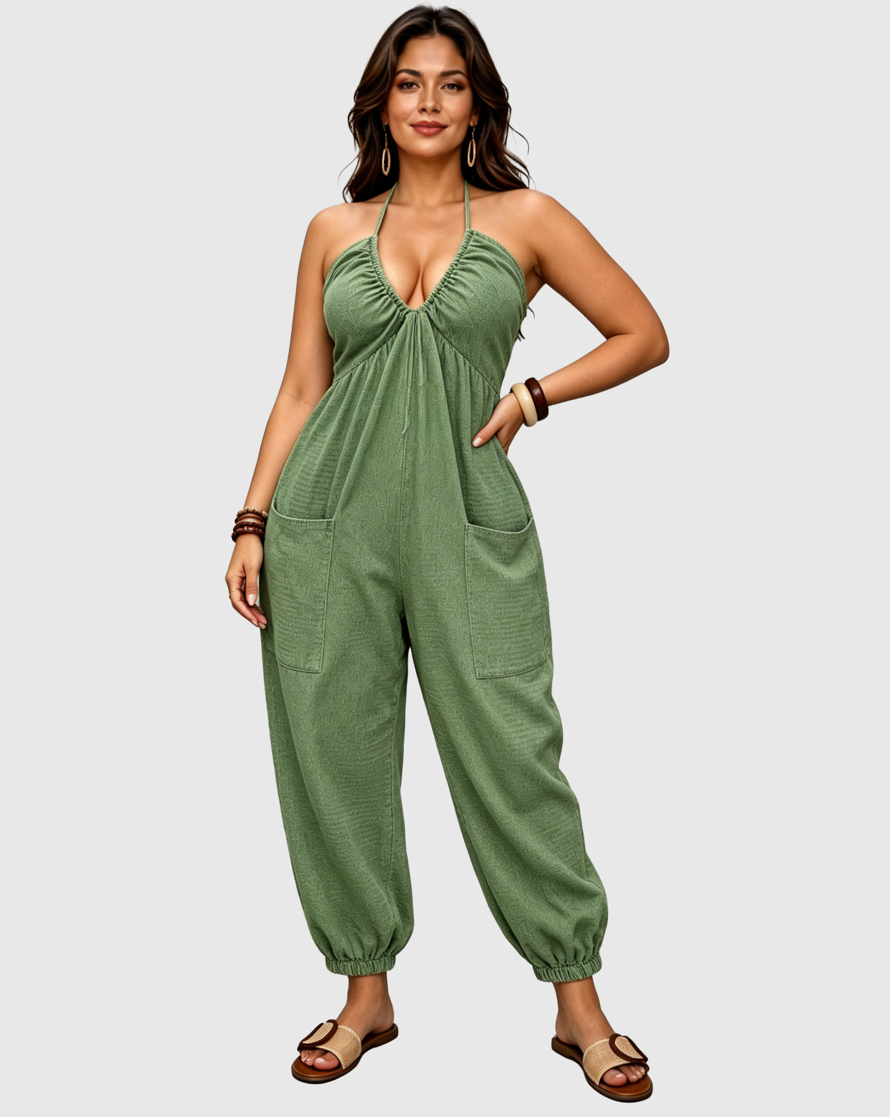 Halter Backless Ruched Pocket Jogger Jumpsuit