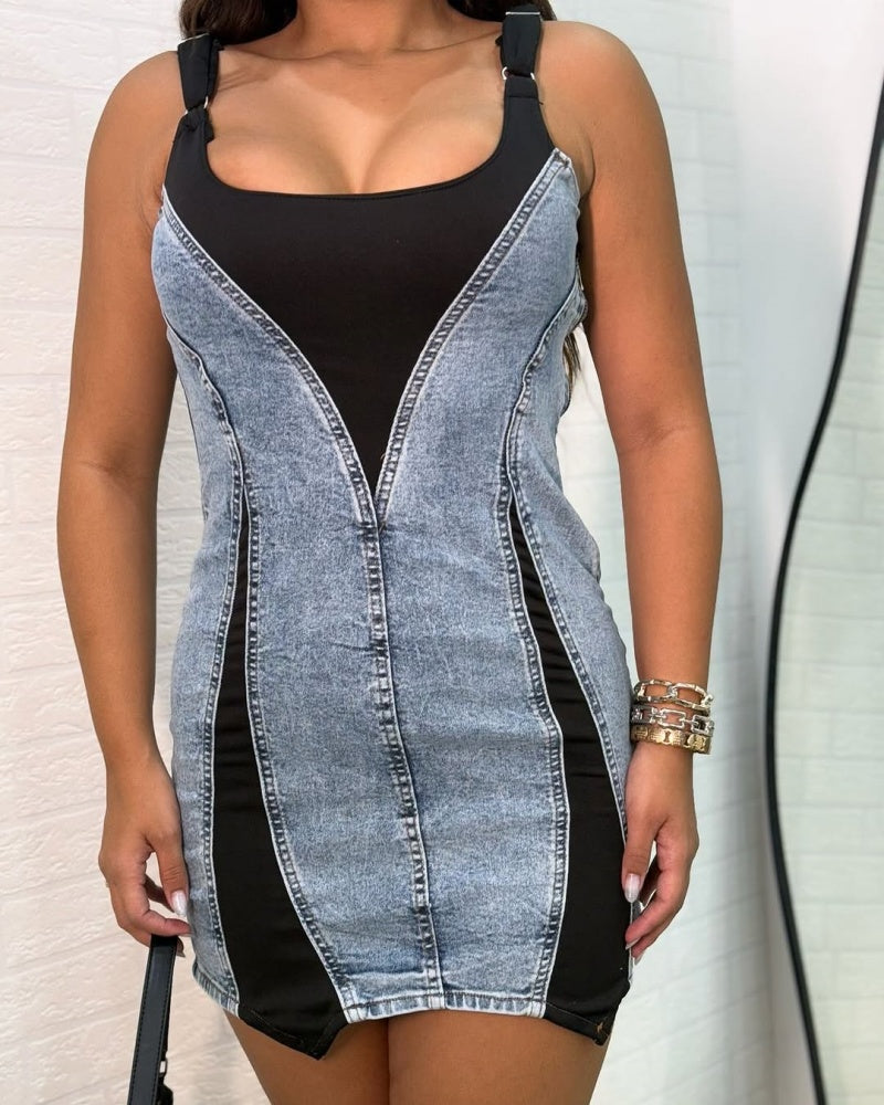 Shapshe® Contrast Color Suspenders Bodycon Mini Denim Dress