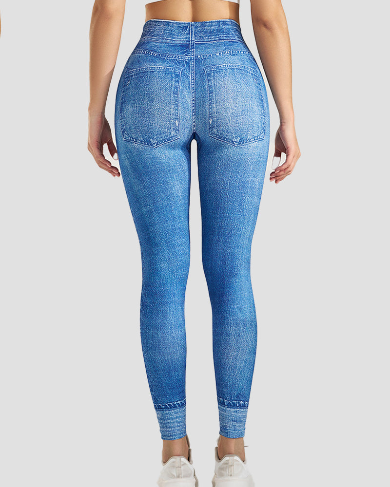 Peach Hip Denim Print Seamless Leggings for Women