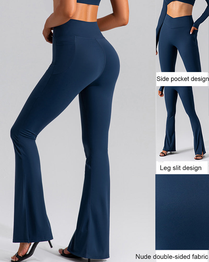 Leggings de cintura alta con abertura y cintura cruzada, pantalones de yoga acampanados con bolsillo lateral