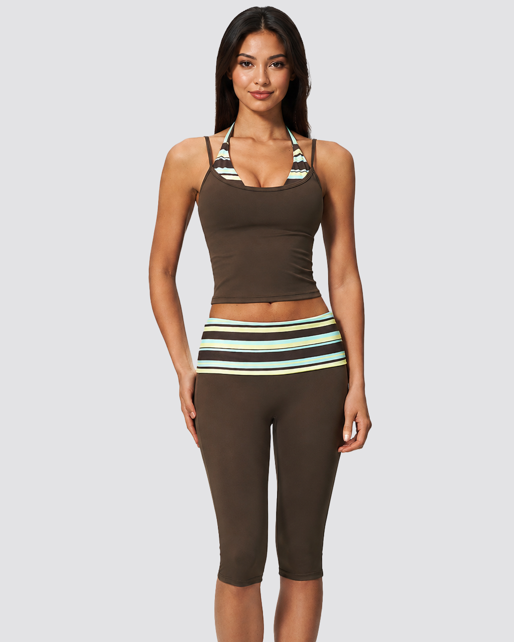 Two Piece Workout Set Halter Cami Crop Top with Capri Leggings