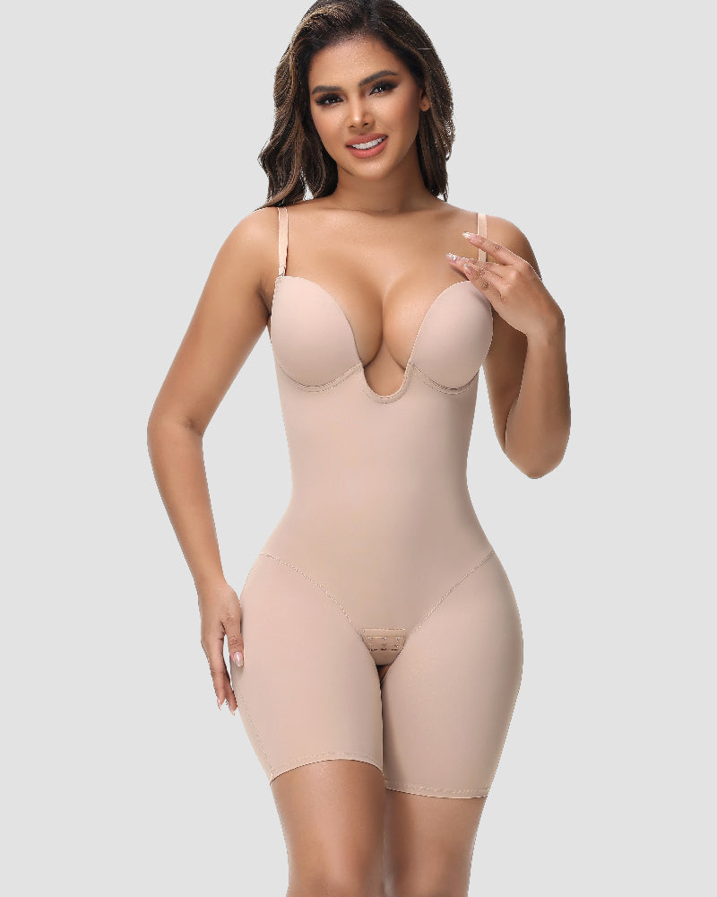 Women's U Plunge Strapless Tummy Control Bodysuit Low Back Built In Bra Shapewear