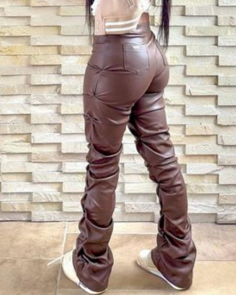 PU Leather Personalized Pleated Flared Pants