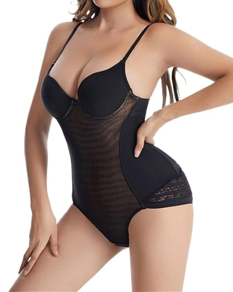 Body moldeador con escote en U y espalda baja de malla transparente para mujer con sujetador incorporado