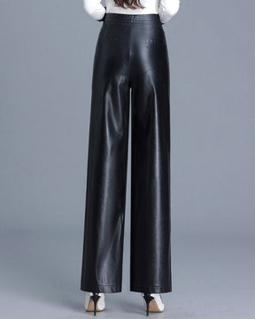 Versatile PU Leather Wide-leg Leather Pants for Women High Waist Slim Straight Pants