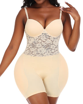 Backless Underwire Cup Lace Tummy Open Crotch Shapewear With Detachable Butt Pads