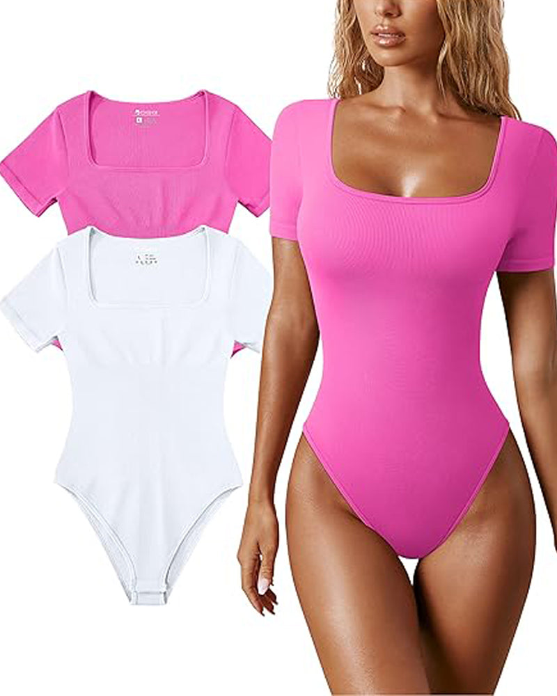 Women's Square Neck Sexy Ribbed Short Sleeve Thong Tummy Control Bodysuits