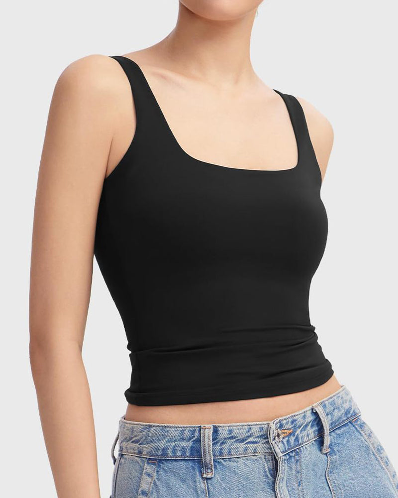 Camiseta sin mangas con cuello cuadrado para mujer, camisetas básicas sin mangas con doble forro