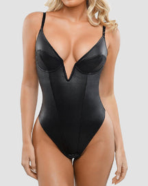 Deep V-Neck Leather Shapewear Thong Sleeveless Black Corset Tank Top Bodysuit