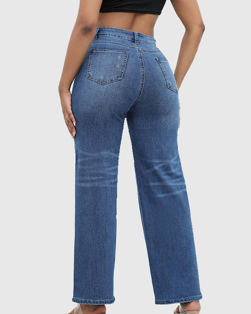 Elegant High Waist Ripped Wide-leg Jeans