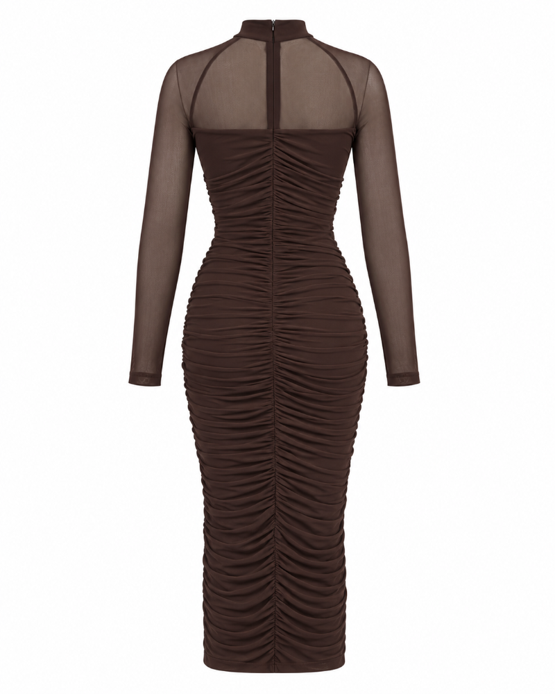 Mesh Long Sleeve Ruched Cross Waist Bodycon Midi Dress