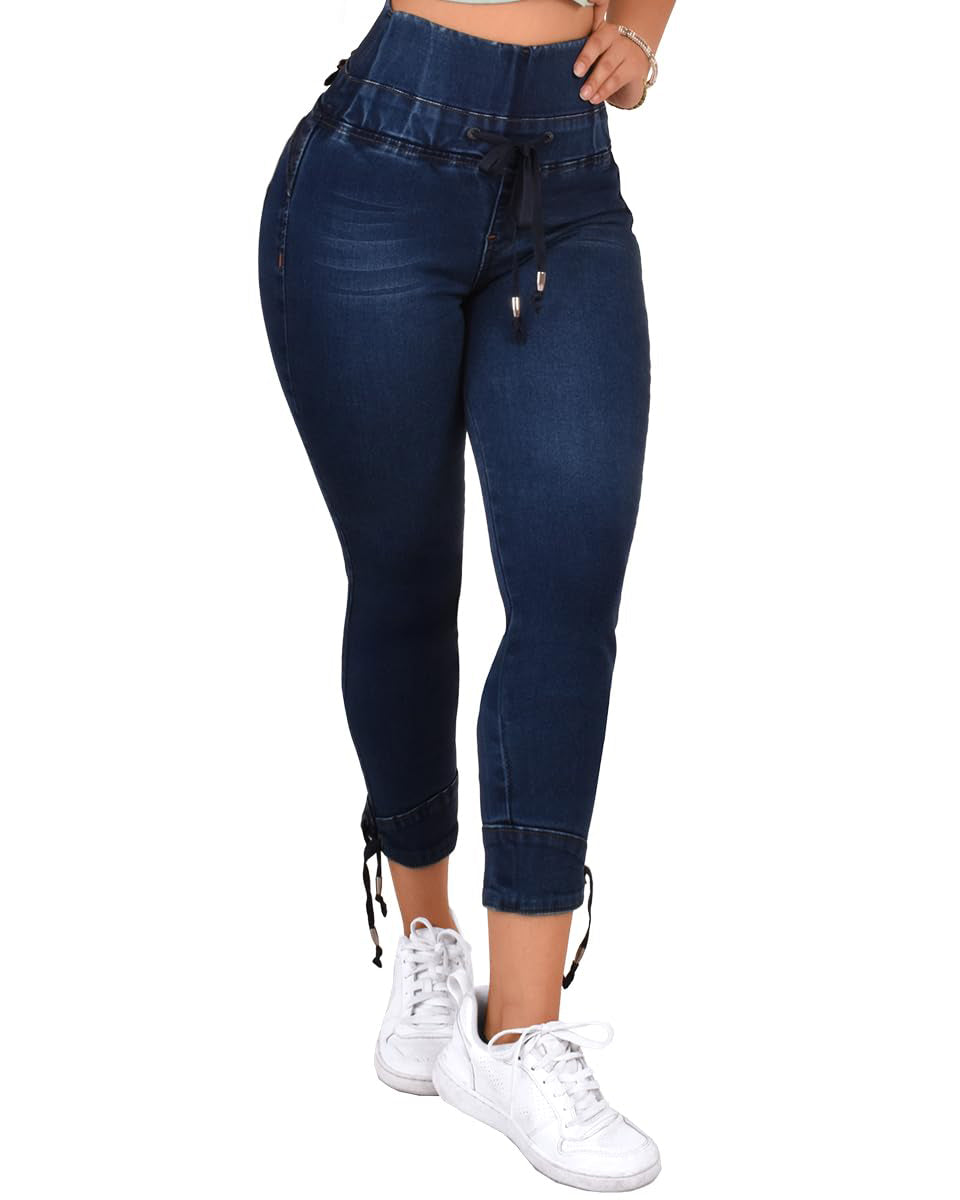 Jeans colombianos de talle alto con cordón y levantamiento de glúteos para mujer