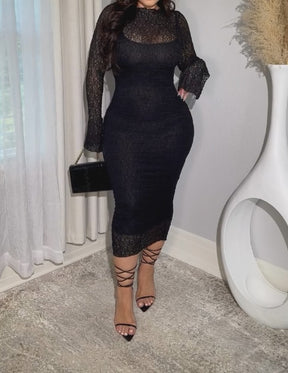 Black Sheer Lace High Neck Long Sleeve Midi Bodycon Dress