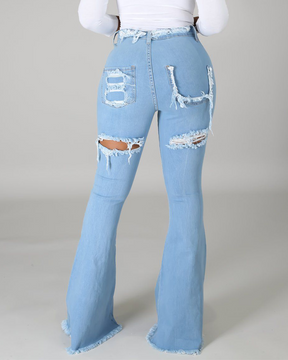 High-Waisted Broken Hole Flared Jeans for Women