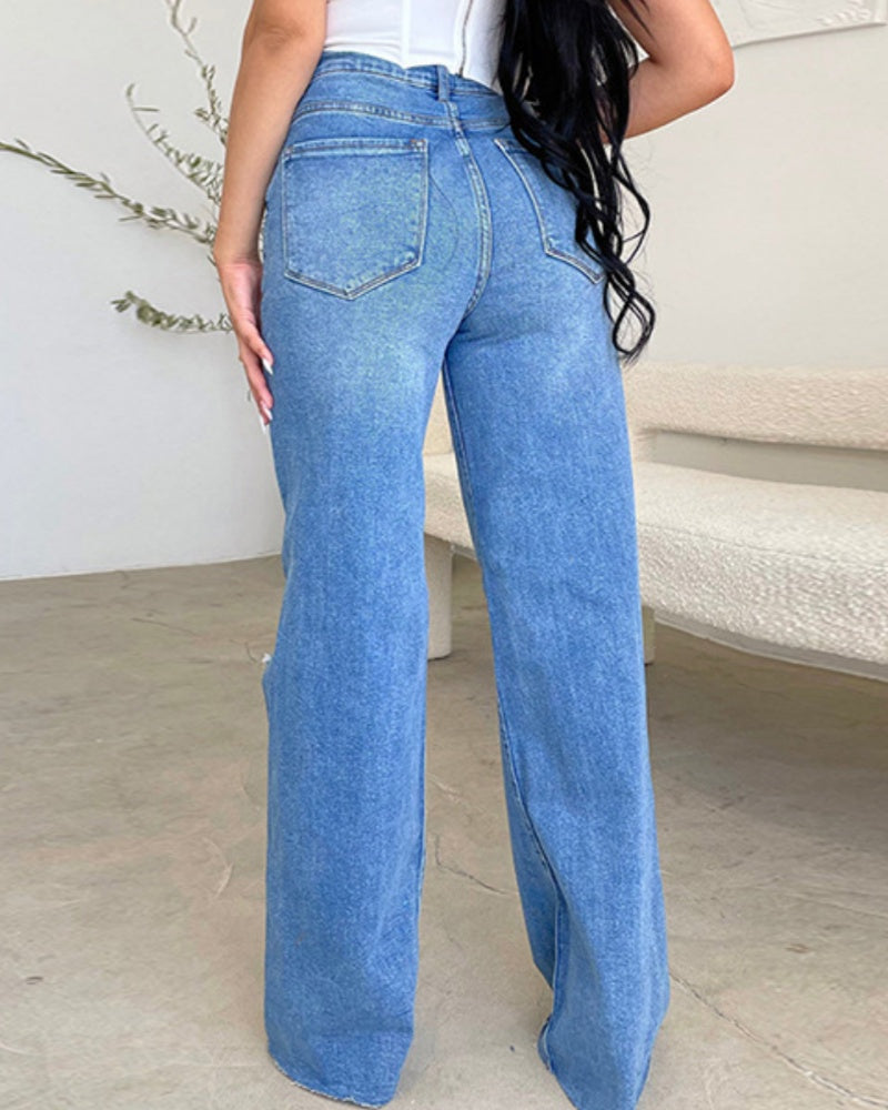 High-waisted Ripped Raw-edge Washed Wide-leg Jeans