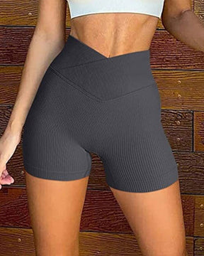 Ribbed V-Waist Workout Elastic Yoga Shorts Solid Slim Fit Leggings